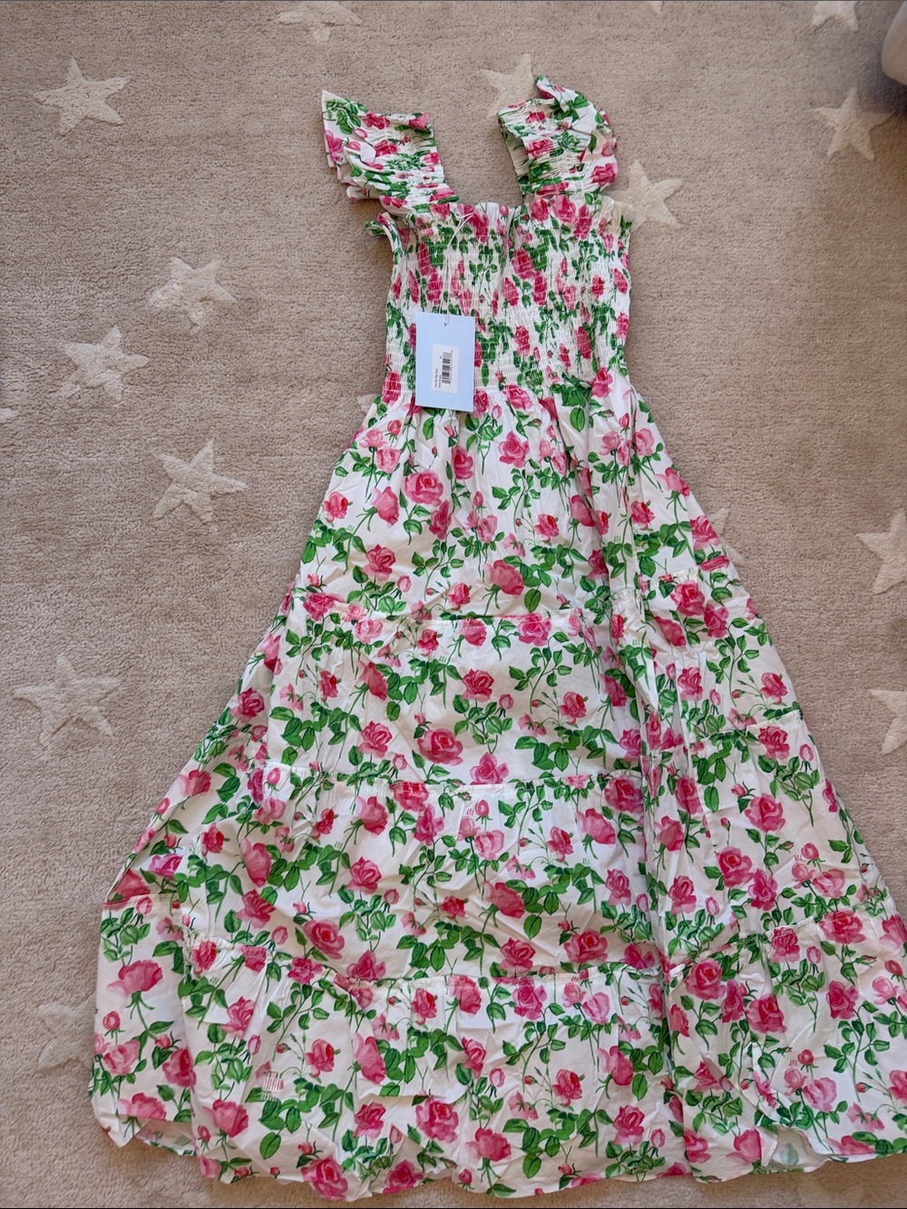 Hill House Floral Midi Dress in Cream with Pink Roses